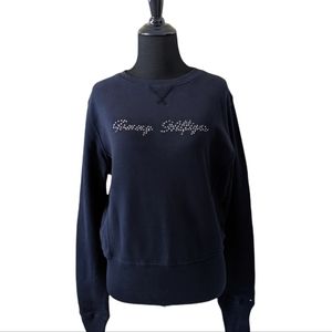 NEW Tommy Hilfiger Logo Red Sweater Sweatshirt Crystal rhinestones Medium M $49